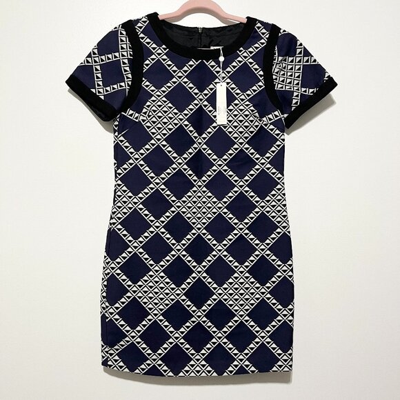 Trina Turk Womens Geometric Trish Dress Size 6 Navy Blue Artsy Office Statement - Picture 1 of 6